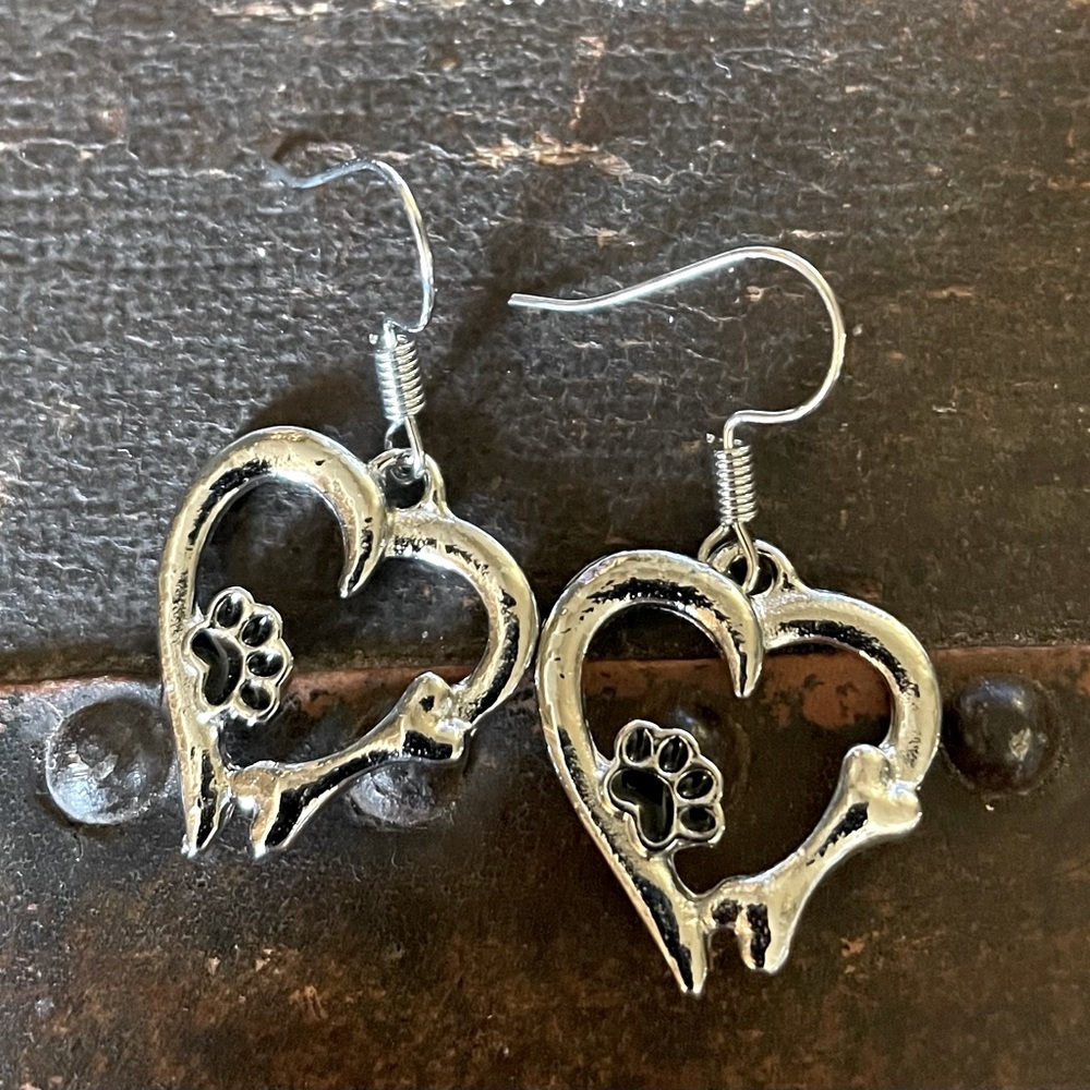 Silver Dog Lover Heart Earrings with Paw-print and Bone